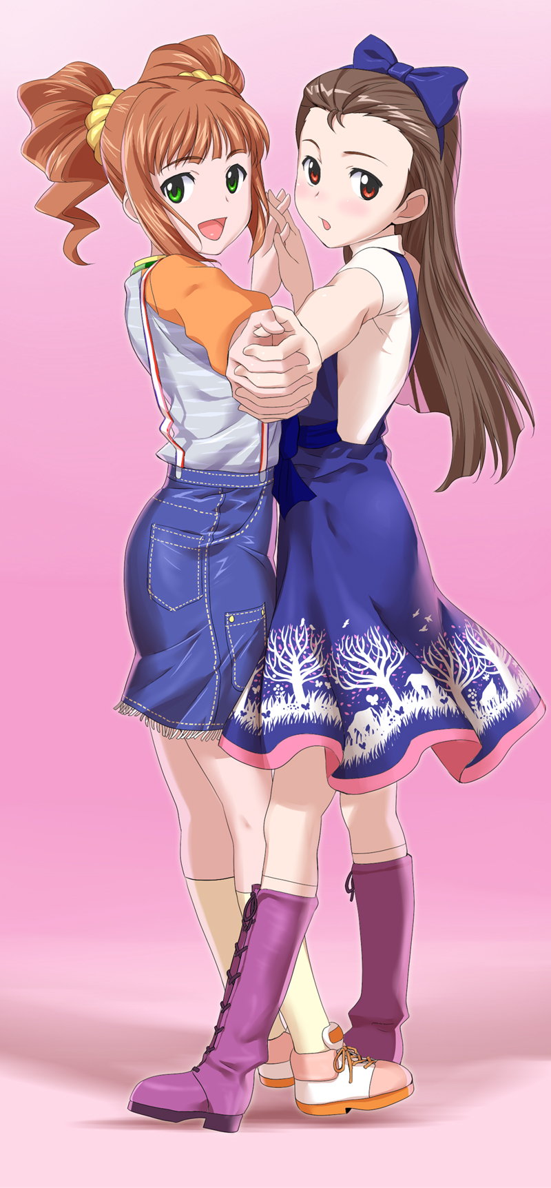 g-tetsu, minase iori, takatsuki yayoi, idolmaster, idolmaster (classic), idolmaster 1, highres, 00s, 2girls, brown eyes, brown hair, dress, green eyes, hairband, long hair, multiple girls, raglan sleeves, ribbon, short hair, skirt, twintails