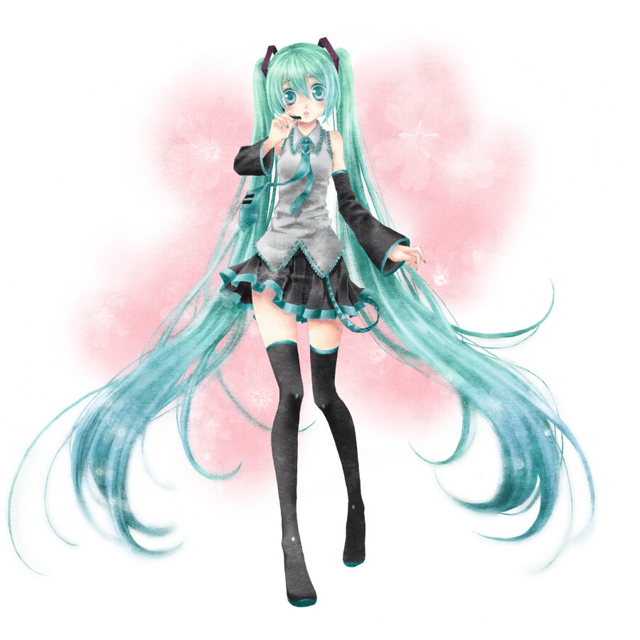 mko, hatsune miku, vocaloid, bad id, bad pixiv id, aqua eyes, aqua hair, detached sleeves, headset, long hair, necktie, skirt, solo, thighhighs, twintails, very long hair