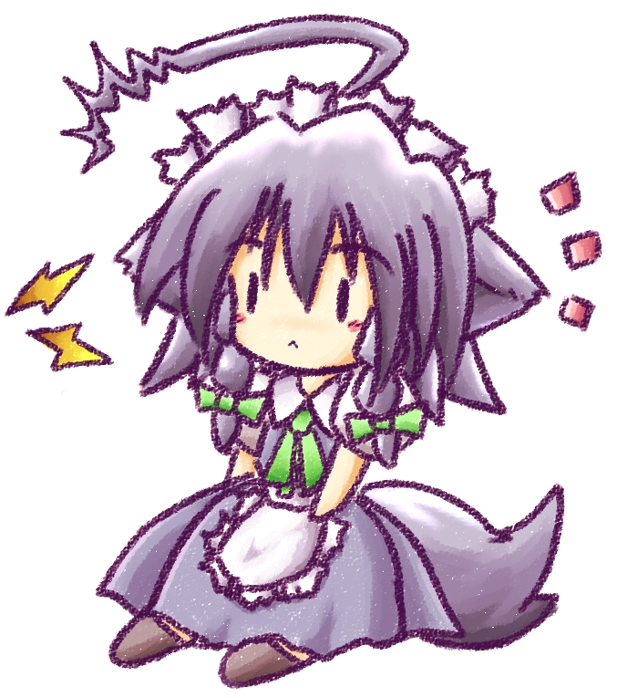 tilde (ice cube), inu sakuya (nejikirio), izayoi sakuya, touhou, bad id, bad pixiv id, 1girl, ahoge, animal ears, blue hair, braid, chibi, dog ears, dog tail, female focus, hair ribbon, maid, ribbon, short hair, solo, tail, twin braids