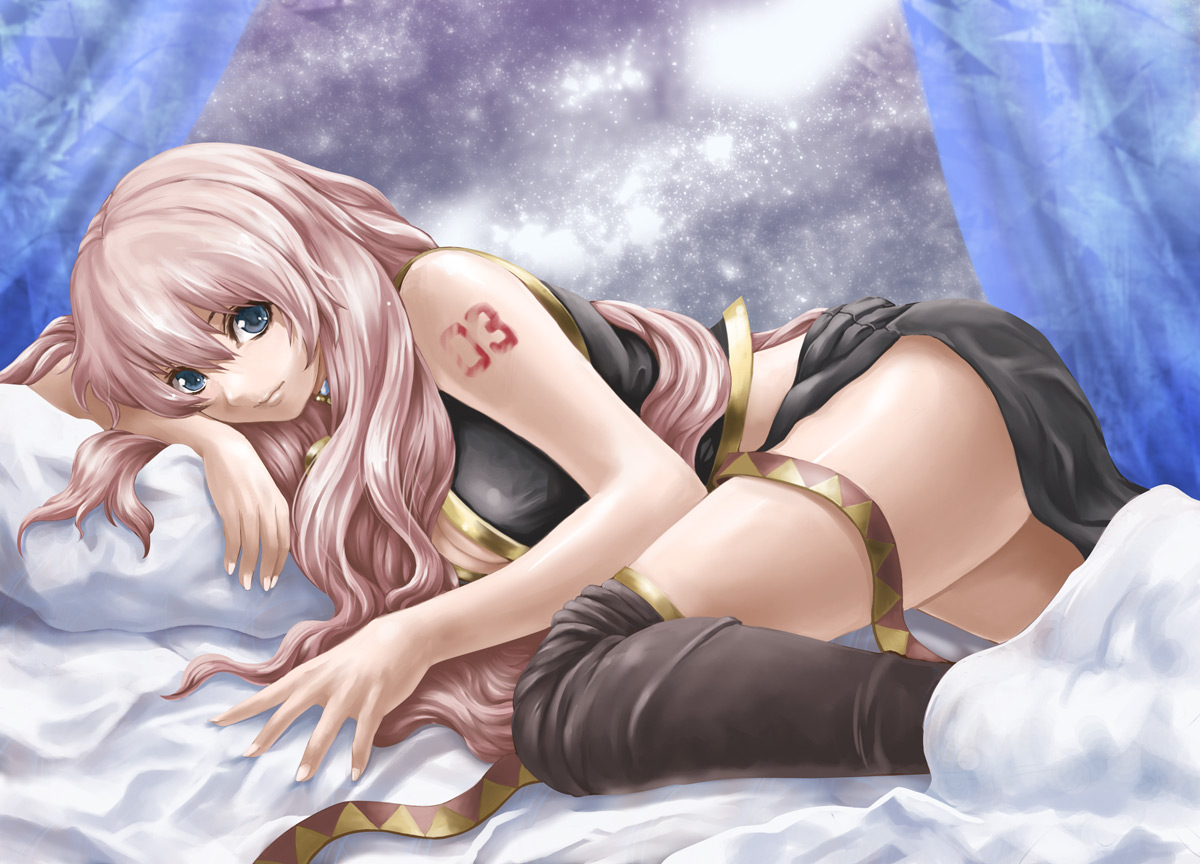 fujipo, megurine luka, vocaloid, 1girl, arm support, bed, bed sheet, belt, black thighhighs, blue eyes, breasts, cleavage, curtains, female focus, large breasts, long hair, lying, on stomach, pillow, pink hair, shirt, sleeveless, sleeveless shirt, smile, solo, tattoo, thighhighs, thighs, very long hair