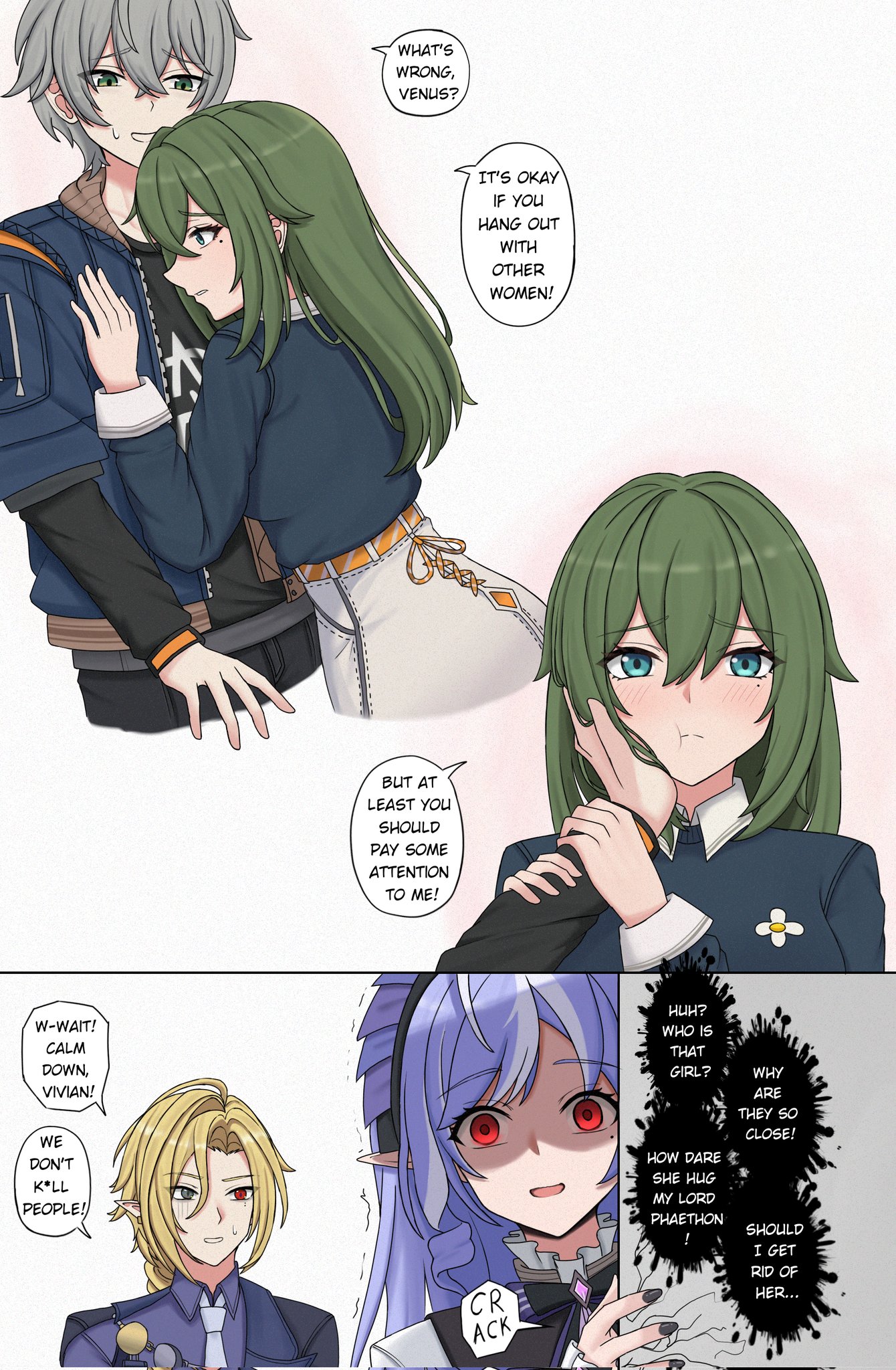 na (naneesan1), hugo vlad, venus (zenless zone zero), vivian banshee, wise (zenless zone zero), zenless zone zero, highres, blonde hair, green eyes, green hair, grey hair, hand on another's face, heterochromia, pointy ears, red eyes, speech bubble, white background