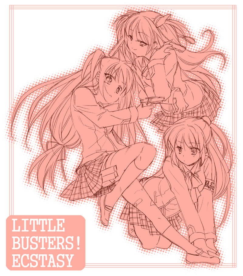 unohana tsukasa, futaki kanata, sasasegawa sasami, tokido saya, little busters!, 3girls, armband, gun, hair ornament, monochrome, multiple girls, pink theme, school uniform, weapon