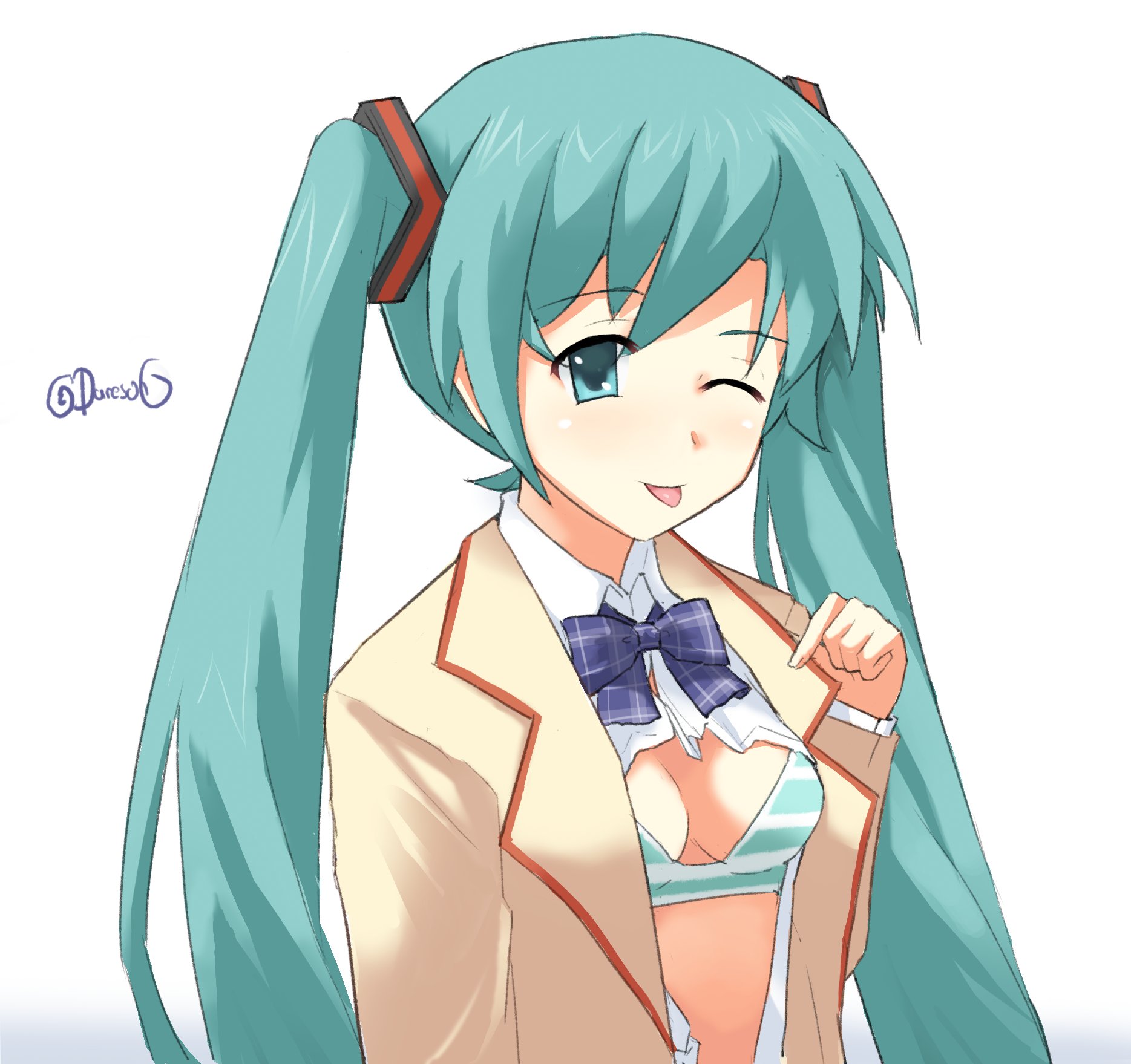 hatsune miku, chaos;head, science adventure, vocaloid, shiny eyes, highres, 1girl, aqua hair, blazer, blue hair, blush, bra, brown jacket, daresono, dress shirt, fingernails, jacket, long hair, looking at viewer, necktie, one eye closed, open clothes, open shirt, partially unbuttoned, plaid clothes, plaid necktie, purple necktie, school uniform, shirt, solo, striped bra, striped clothes, suimei academy school uniform, tongue, tongue out, twintails, underwear, very long hair, white shirt