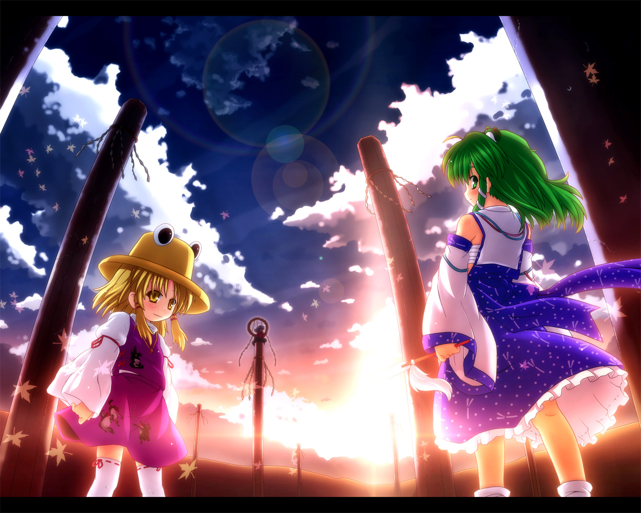 etogami kazuya, kochiya sanae, moriya suwako, yasaka kanako, touhou, 3girls, backlighting, blonde hair, detached sleeves, female focus, gohei, green eyes, green hair, hat, leaf, lens flare, letterboxed, looking back, multiple girls, onbashira, rope, sarashi, scenery, shimenawa, sky, standing, sunlight, sunset, thighhighs, yellow eyes