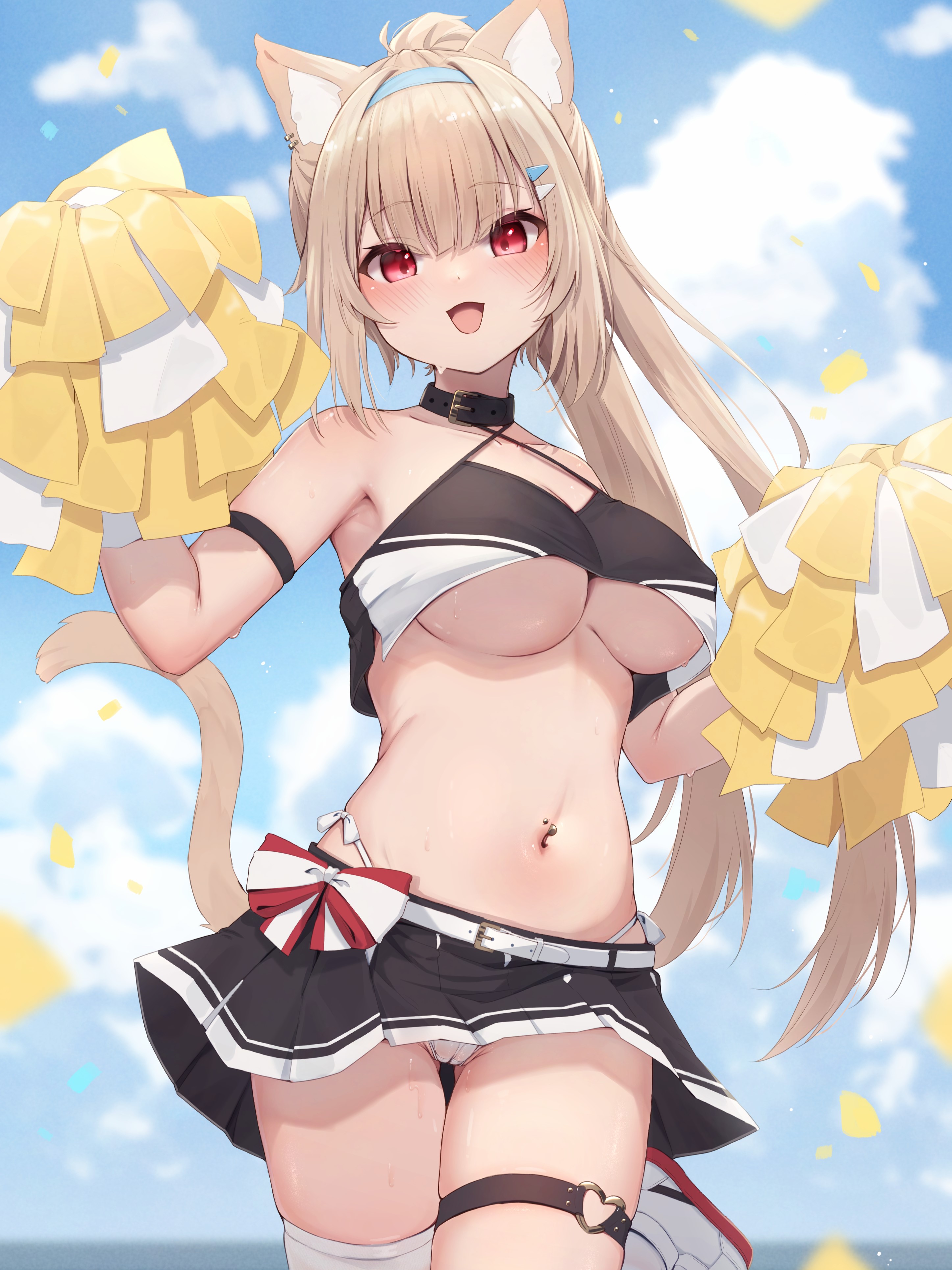 hinata (user rjkt4745), original, absurdres, commentary request, highres, revision, 1girl, :d, animal ears, black collar, black skirt, blue sky, blurry, blurry background, breasts, cat ears, cat girl, cat tail, cheerleader, cloud, collar, day, holding, holding pom poms, large breasts, long hair, looking at viewer, navel, navel piercing, no bra, ocean, open mouth, outdoors, panties, piercing, pom pom (cheerleading), pom poms, red eyes, shoes, skirt, sky, smile, solo, standing, tail, thigh strap, thighhighs, thighs, underboob, underwear, white panties, white shoes, white thighhighs
