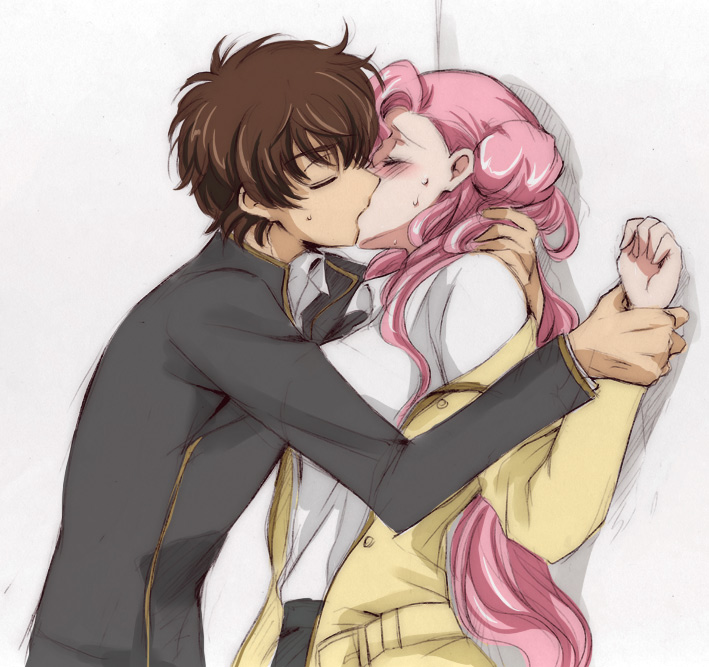 akina tsukako, euphemia li britannia, kururugi suzaku, code geass, 00s, 1boy, 1girl, blush, brown hair, closed eyes, donut hair bun, hair bun, hetero, holding another's wrist, kiss, long hair, pink hair