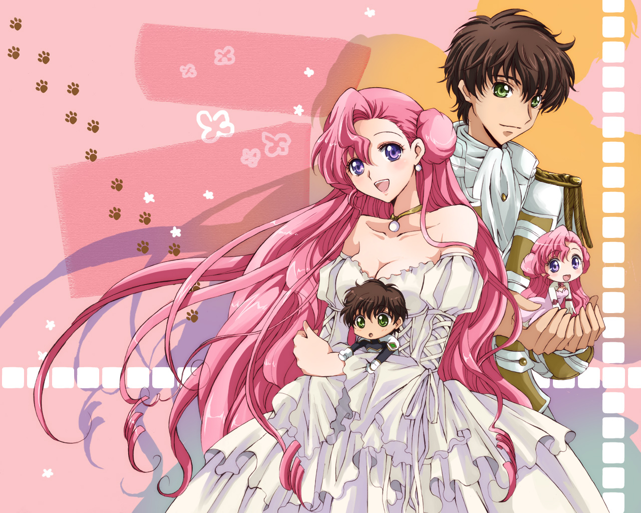 akina tsukako, euphemia li britannia, kururugi suzaku, code geass, 00s, 1boy, 1girl, breasts, bride, brown hair, chibi, cleavage, donut hair bun, dress, formal clothes, green eyes, hair bun, large breasts, long hair, pink hair, purple eyes, short hair, wedding dress