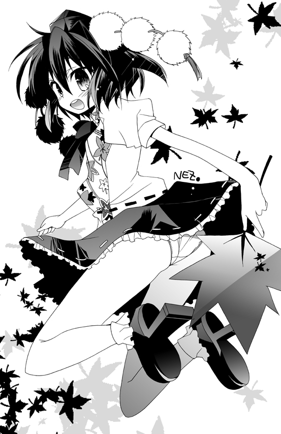 araki kanao, harinezumi, shameimaru aya, touhou, bad id, bad pixiv id, 1girl, female focus, geta, greyscale, hat, monochrome, panties, solo, tengu-geta, tokin hat, underwear