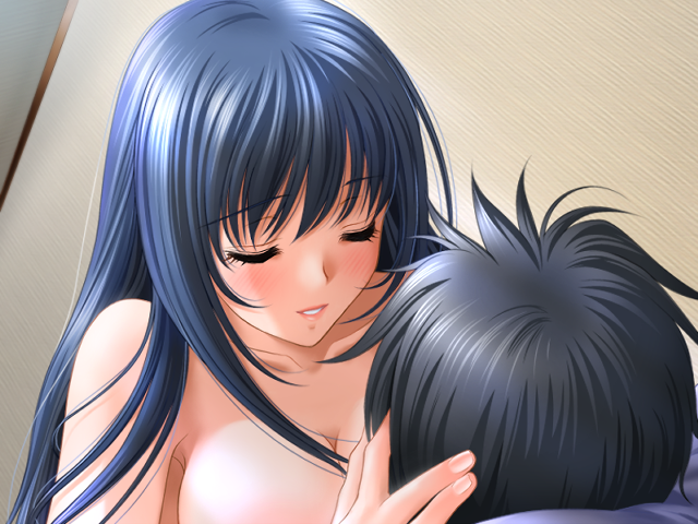 sano toshihide, nanjou sayaka, private emotion, ripe, game cg, 00s, 1boy, 1girl, bed, blue hair, blush, breast press, breast sucking, breasts, cleavage, closed eyes, completely nude, couple, cuddling, girl on top, happy sex, hetero, hug, large breasts, long hair, nude, pillow, sex, smile, thighs