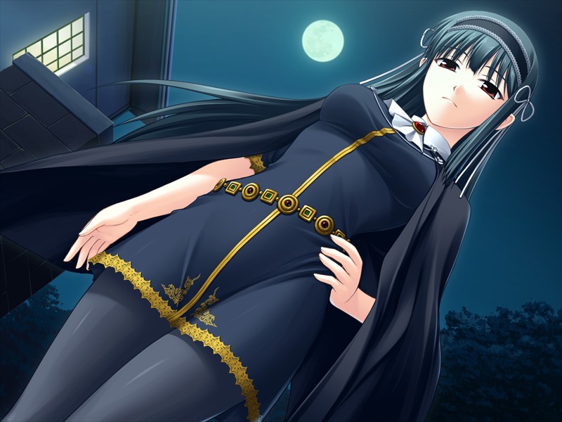 shironeko sanbou, kuonji shinra, kimi ga aruji de shitsuji ga ore de, game cg, 00s, 1girl, ascot, belt, black hair, black pantyhose, breasts, brooch, building, cape, curvy, dress, dutch angle, female focus, from below, frown, full moon, green hair, hair ribbon, hairband, hand on own hip, high collar, jewelry, lace, lace-trimmed dress, lace trim, long hair, looking at viewer, looking down, moon, night, night sky, outdoors, pantyhose, red eyes, ribbon, shirt, short dress, sky, solo, standing, taut clothes, taut shirt, tree, window