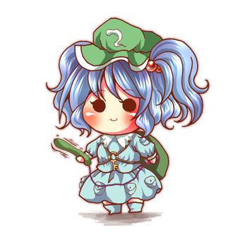 basara (pixiv30642), uvnono, kawashiro nitori, touhou, bad id, bad pixiv id, lowres, 1girl, backpack, bag, blue hair, blush, chibi, female focus, hair bobbles, hair ornament, hat, key, randoseru, solo, two side up