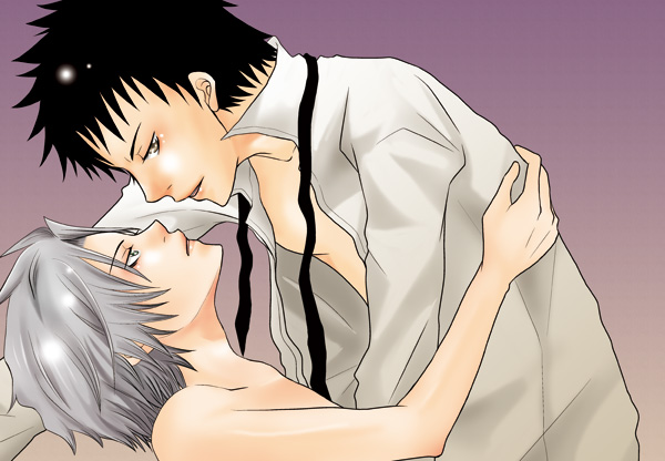 gokudera hayato, yamamoto takeshi, katekyo hitman reborn!, 00s, 2boys, 8059, black hair, grey hair, male focus, multiple boys, open clothes, open shirt, shirt, topless male, yaoi