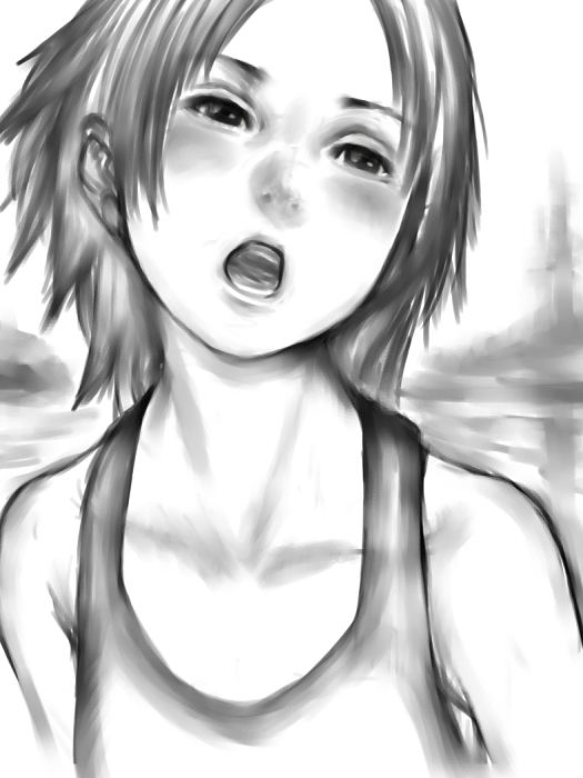 fumio (rsqkr), original, gender request, androgynous, blush, greyscale, monochrome, open mouth, short hair, solo, tank top, tomboy
