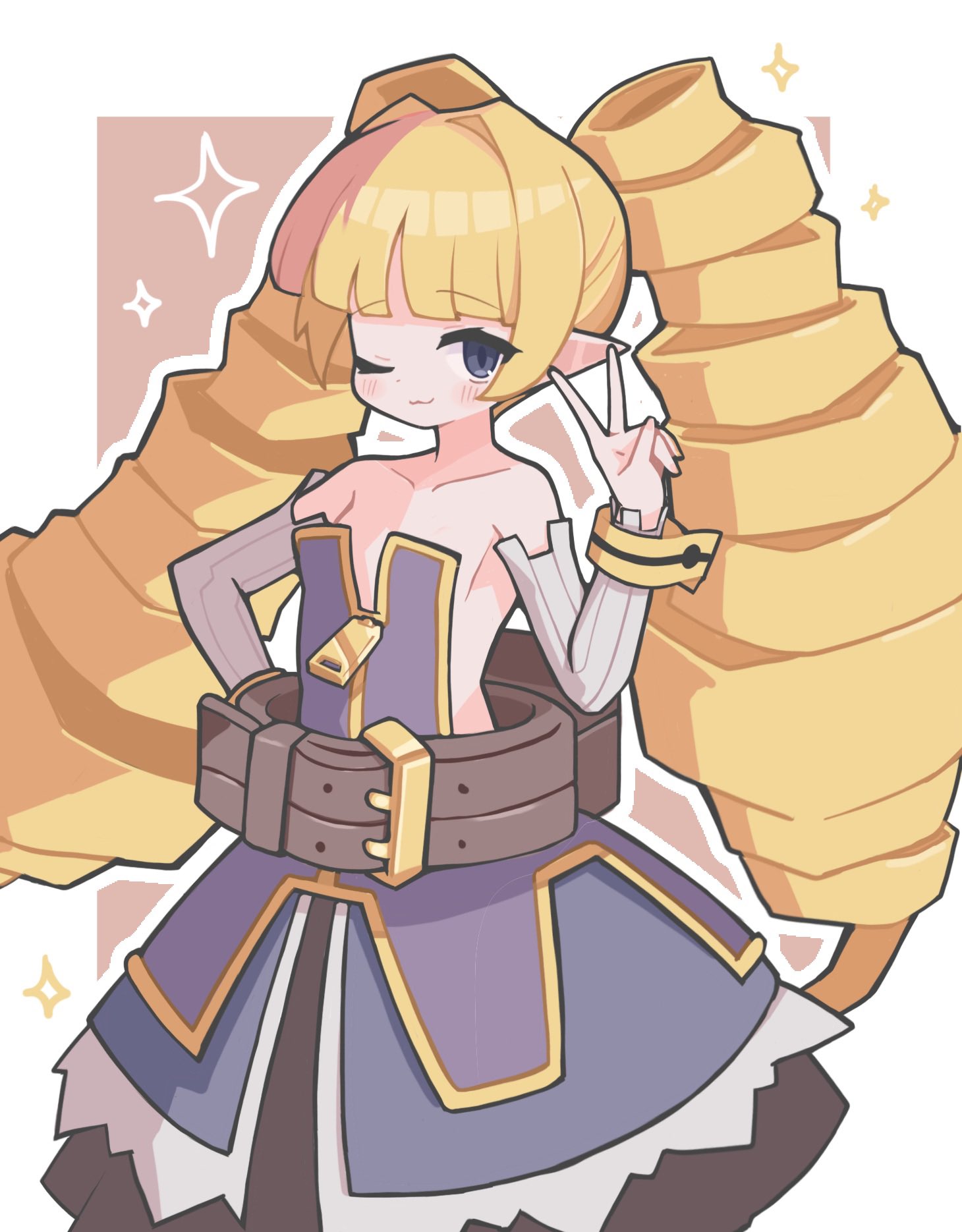 suaman, archer (disgaea), disgaea, commentary, highres, 1girl, ;3, bare shoulders, blonde hair, blue dress, blunt bangs, blush, border, brown background, closed mouth, collarbone, cowboy shot, detached sleeves, dress, grey eyes, hand on own hip, hand up, long hair, long sleeves, looking at viewer, one eye closed, outline, outside border, smile, solo, sparkle, strapless, strapless dress, twintails, v, white border, white outline, white sleeves