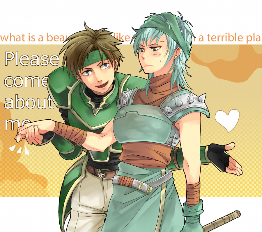 kariu, echidna (fire emblem), sain (fire emblem), fire emblem, fire emblem: the binding blade, fire emblem: the blazing blade, nintendo, 1boy, 1girl, angry, armor, bare arms, blue hair, breastplate, breasts, brown hair, green armor, green headband, headband, holding hands, large breasts, messy hair, open mouth, pauldrons, shoulder armor, spiked pauldrons, spikes