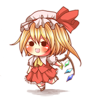 basara (pixiv30642), uvnono, flandre scarlet, touhou, bad id, bad pixiv id, lowres, 1girl, blonde hair, blouse, blush, chibi, collared shirt, female focus, full body, hair between eyes, hat, mob cap, shirt, short hair, solo, standing, white background, white hat, white shirt, wings