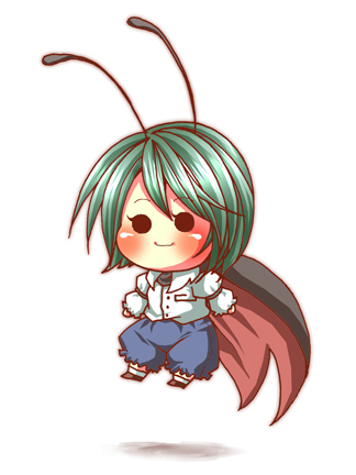 basara (pixiv30642), uvnono, wriggle nightbug, touhou, bad id, bad pixiv id, lowres, 1girl, antennae, blush, cape, chibi, female focus, green hair, short hair, solo, white background