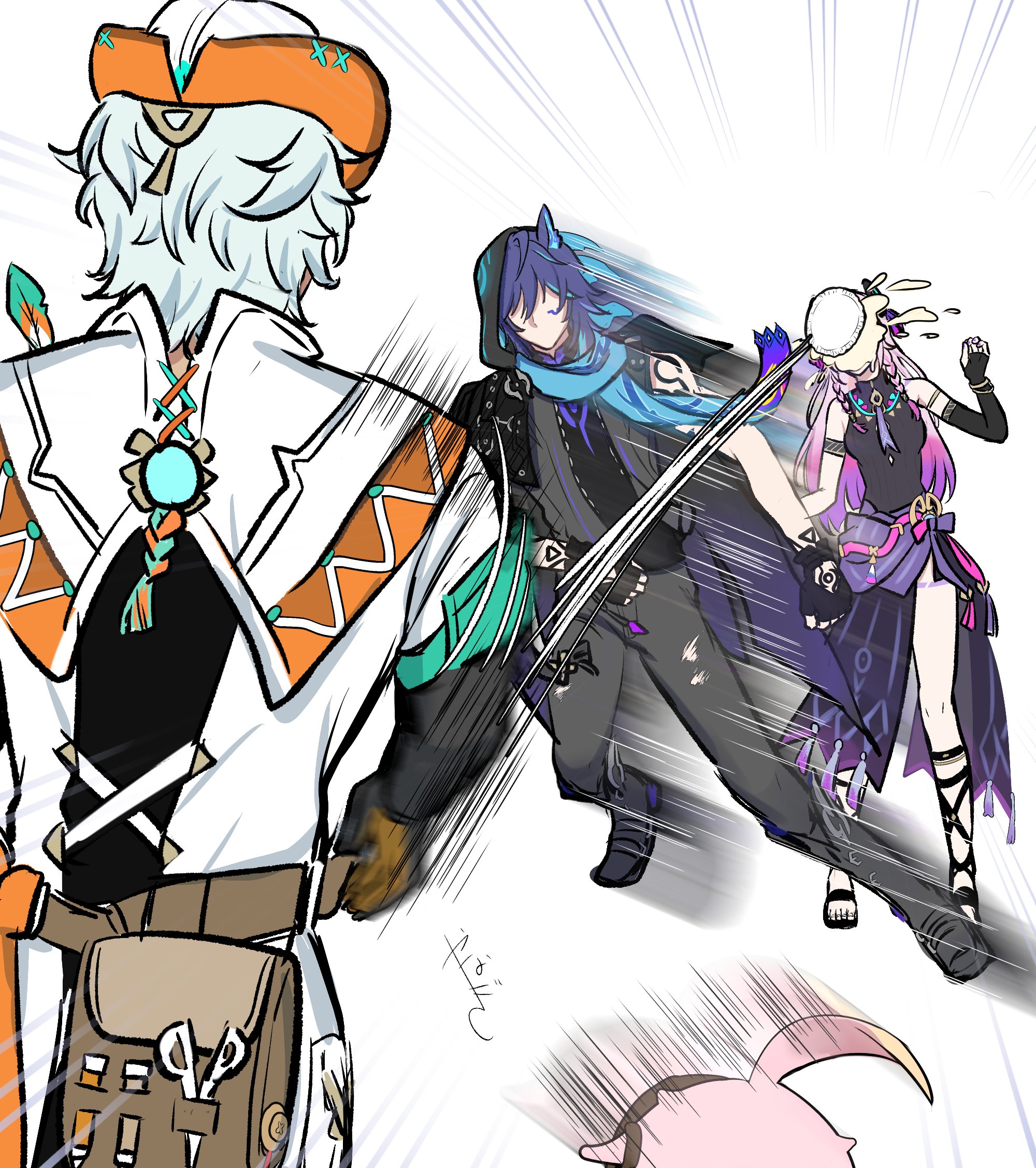 cacucu (genshin impact), citlali (genshin impact), ifa (genshin impact), ororon (genshin impact), qucusaurus (genshin impact), genshin impact, highres, 1girl, 2boys, arm tattoo, armlet, backpack, bag, bare shoulders, belt pouch, bird, blue hair, boots, braid, cake, coat, covered face, dodging, elbow gloves, emphasis lines, faceless, faceless male, facial mark, facing away, fingerless gloves, fleeing, food, food on face, from behind, gloves, grey hair, hat, jewelry, leotard, long hair, motion lines, multicolored hair, multiple boys, pants, pink hair, pouch, purple hair, sand, scissors, shirt, short hair, side braids, single elbow glove, standing, tattoo, throwing, twin braids, two-tone hair, very long hair, vest, vision (genshin impact), yanagi811000