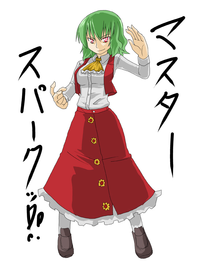 kujira lorant, kazami yuuka, touhou, 1girl, ascot, female focus, flower, green hair, pantyhose, red eyes, short hair, simple background, skirt, skirt set, slit pupils, solo, vest, white background
