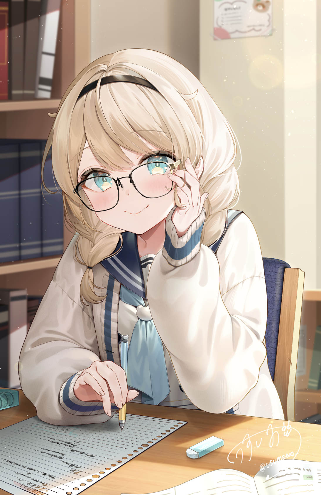 usushio, kazama iroha, hololive, highres, 1girl, aqua eyes, black hairband, blonde hair, book, bookshelf, chair, closed mouth, desk, eraser, glasses, hairband, hand up, holding, holding pencil, indoors, long sleeves, looking at viewer, on chair, pencil, school uniform, signature, sitting, smile, solo, virtual youtuber