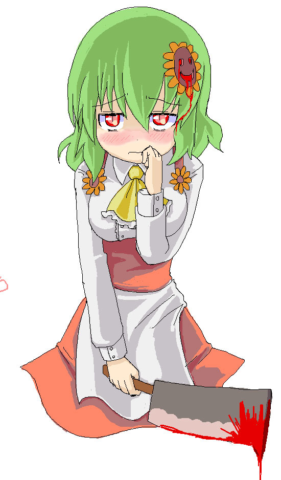 kujira lorant, kazami yuuka, higurashi no naku koro ni, touhou, 1girl, billhook, blood, blush, female focus, flower, green hair, hashitsuki nata, hatchet, nata (tool), parody, red eyes, short hair, solo