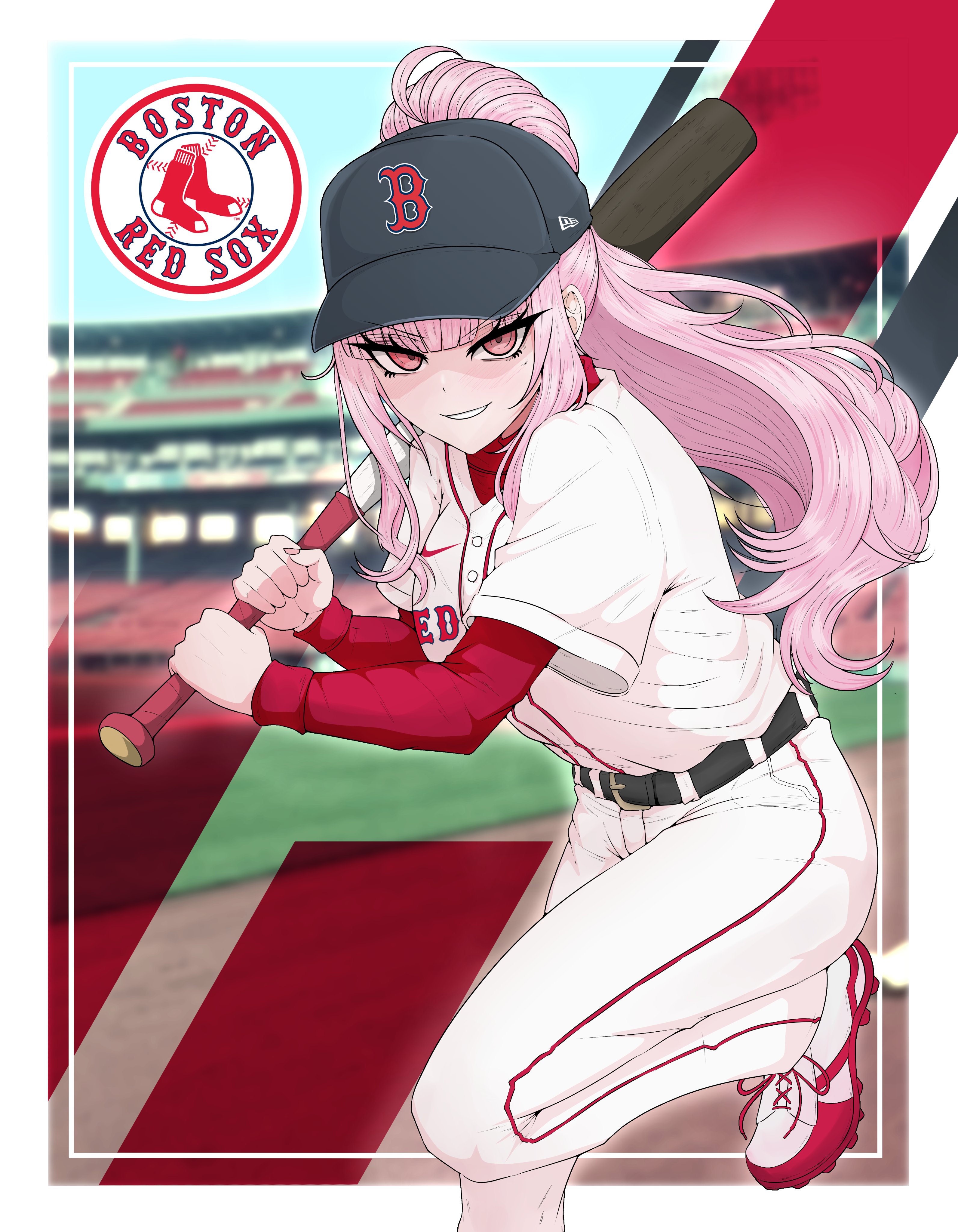 mayoa, mori calliope, boston red sox, hololive, hololive english, absurdres, commentary, english commentary, highres, textless version, 1girl, baseball bat, baseball cap, baseball stadium, baseball uniform, batting stance, blurry, blurry background, border, breasts, copyright name, cowboy shot, hat, high ponytail, holding, holding baseball bat, long hair, looking at viewer, outside border, pink eyes, pink hair, ponytail, shirt, solo, sportswear, standing, standing on one leg, virtual youtuber, white border, white hat, white shirt