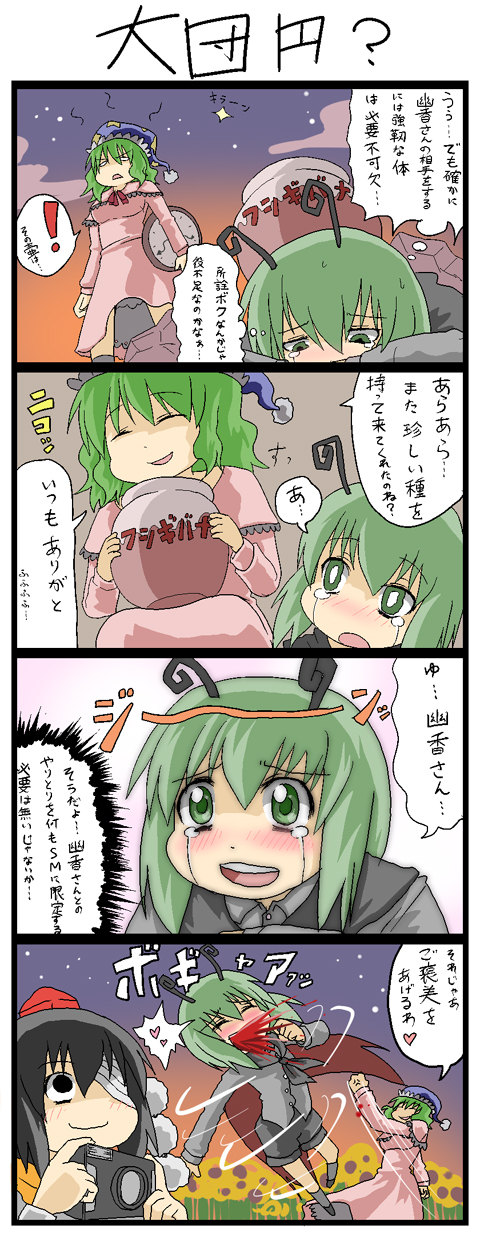 kujira lorant, kazami yuuka, kazami yuuka (pc-98), shameimaru aya, wriggle nightbug, touhou, touhou (pc-98), highres, translation request, 3girls, 4koma, anger vein, antennae, bandages, black eyes, black hair, blood, blush, camera, cape, clenched hand, clock, closed eyes, comic, dress, female focus, frills, green eyes, green hair, happy, hat, heart, masochism, multiple girls, nightcap, nightgown, punching, sadism, sky, smile, sparkle, spinning, star (sky), starry sky, tears, tokin hat, tsundere