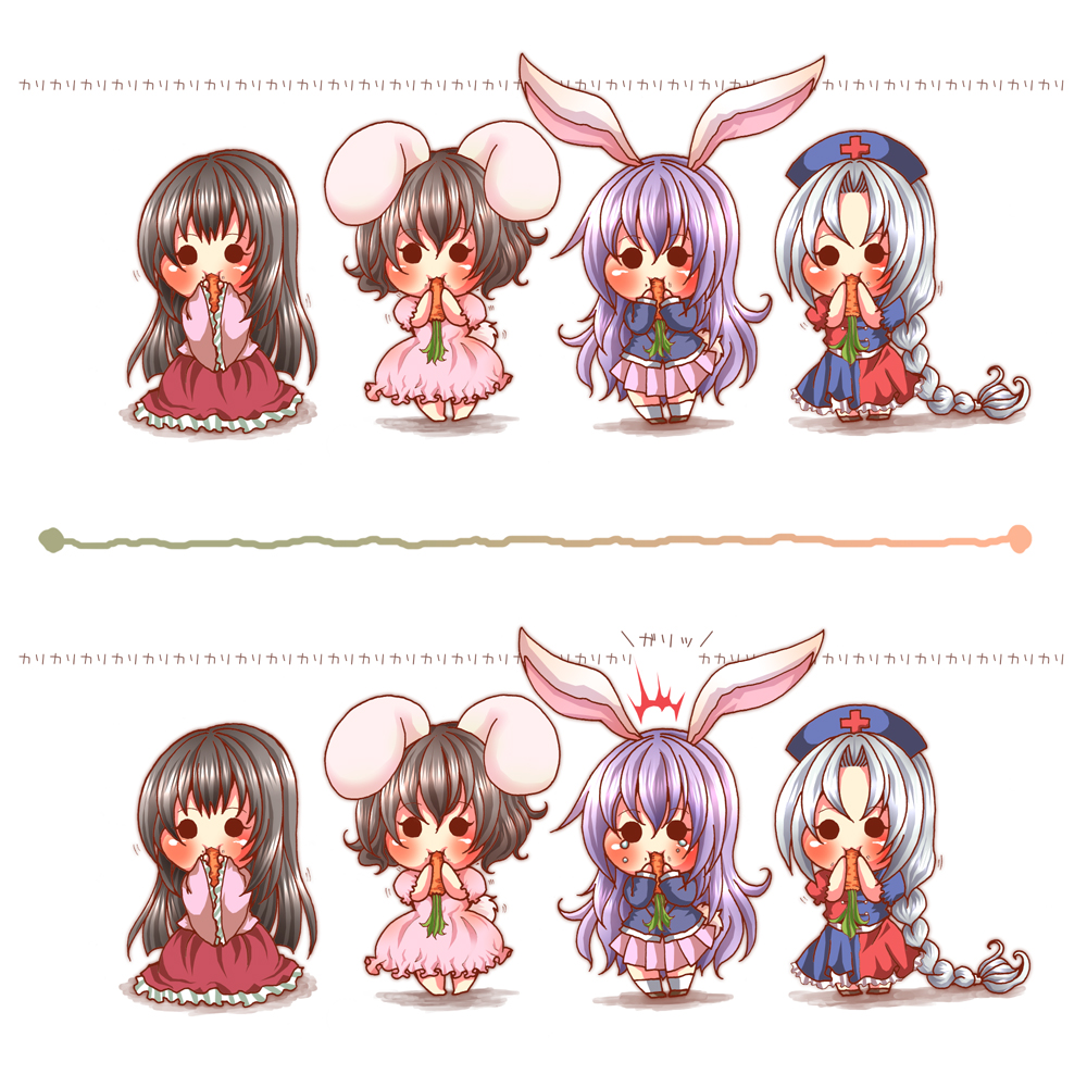 basara (pixiv30642), uvnono, houraisan kaguya, inaba tewi, reisen udongein inaba, yagokoro eirin, touhou, silver hair, bad id, bad pixiv id, 4girls, animal ears, black hair, blush, braid, carrot, chibi, comic, eating, female focus, full body, long hair, multiple girls, multiple views, purple hair, rabbit ears, short hair, standing, tears, white background