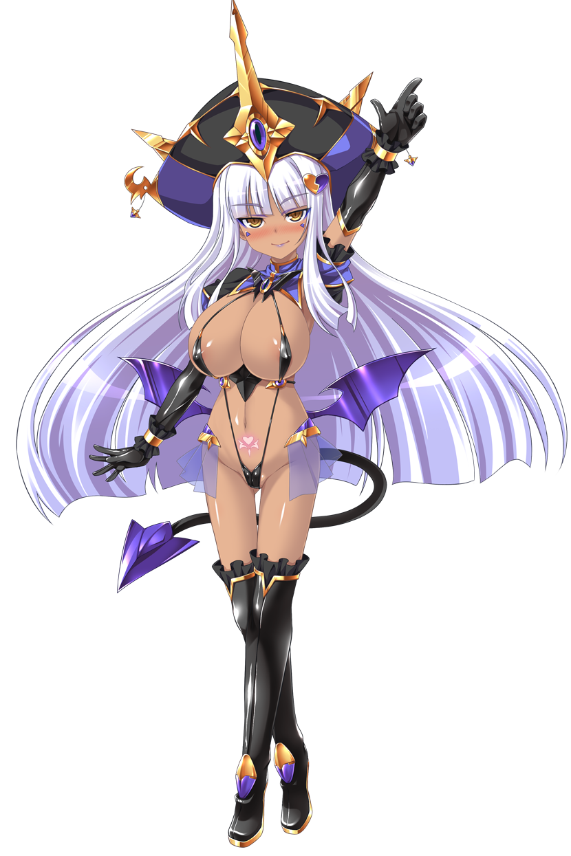 aoi masami, doumyouji kotetu, slave rain, ts magical girl nao, game cg, highres, large variant set, non-web source, official art, variant set, 1girl, areola slip, arm up, black gloves, blush, boots, breasts, cleavage, corruption, crescent, dark-skinned female, dark persona, dark skin, demon girl, demon tail, demon wings, elbow gloves, full body, gloves, hat, huge breasts, long hair, looking at viewer, navel, pointing, pubic tattoo, slave gear, slingshot swimsuit, smile, solo, swimsuit, tail, tan, tattoo, thigh boots, thighhighs, transparent background, white hair, wings, yellow eyes