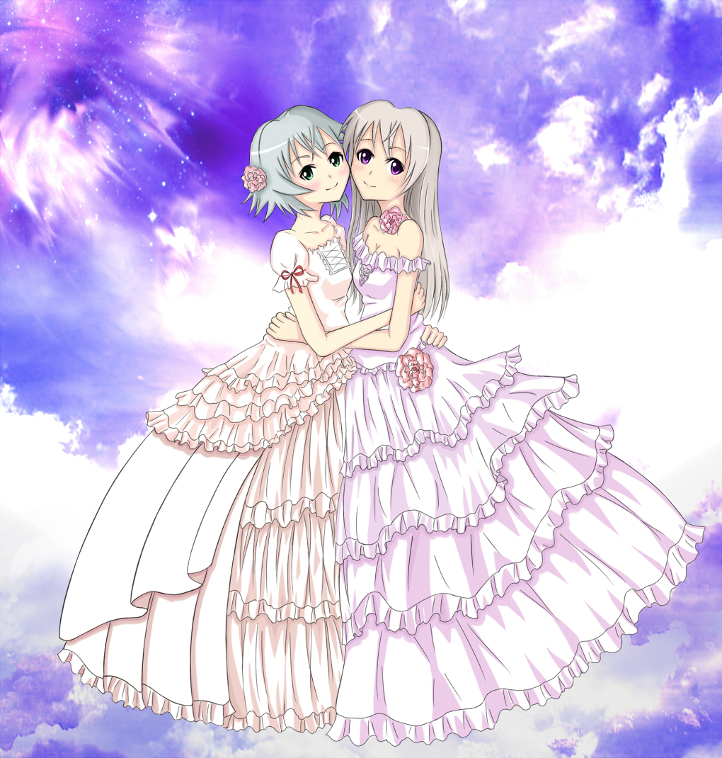 yukihalbert, eila ilmatar juutilainen, sanya v. litvyak, strike witches, world witches series, bad id, bad pixiv id, 00s, 2girls, bride, couple, dress, flower, green eyes, hug, long hair, multiple girls, purple eyes, short hair, wedding dress, wife and wife, yuri