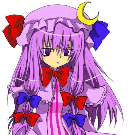 imo kenpi, imo kenpi (pixiv458024), patchouli knowledge, tomo, touhou, bad id, bad pixiv id, lowres, 1girl, crescent, crescent hat ornament, female focus, hat, hat ornament, long hair, purple eyes, purple hair, ribbon, simple background, solo