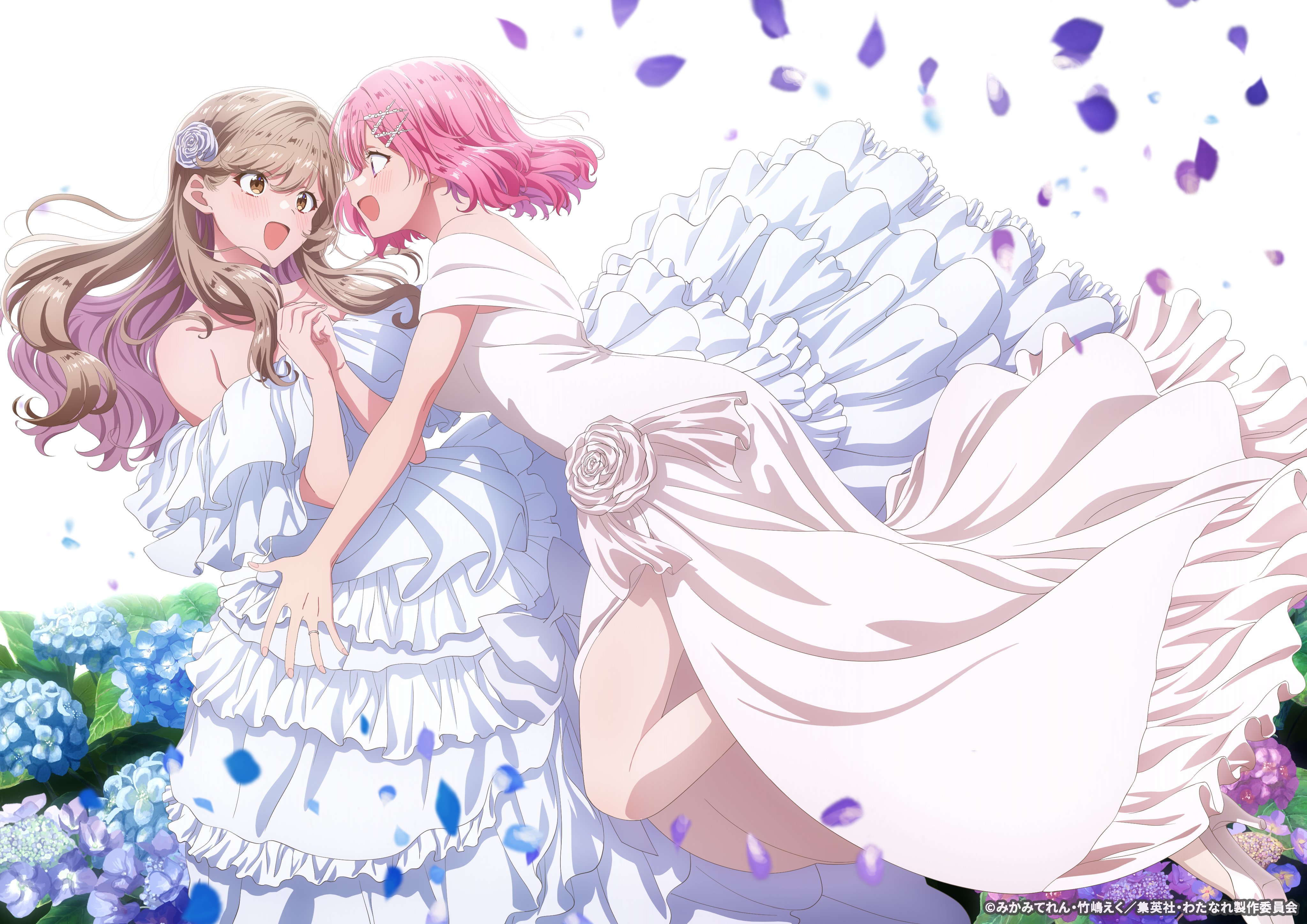 amaori renako, sena ajisai, watashi ga koibito ni nareru wake naijan murimuri!, absurdres, highres, official art, 2girls, :d, bride, brown hair, dress, eye contact, falling petals, flower, hair flower, hair ornament, high heels, hydrangea, imminent hug, jewelry, long hair, looking at another, multiple girls, open mouth, own hands clasped, own hands together, petals, pink hair, ring, short hair, smile, thighs, wavy hair, white dress, x hair ornament