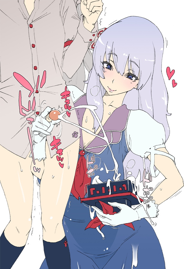 ogata mamimi, fujiwara no mokou, kamishirasawa keine, touhou, silver hair, 1futa, 1girl, bottomless, cum, ejaculation, futa with female, futanari, futasub, gloved handjob, gloves, handjob, hat, heart, lips, long hair, penis, penis milking, pinky out, smile, sweat, trembling, unworn hat, unworn headwear
