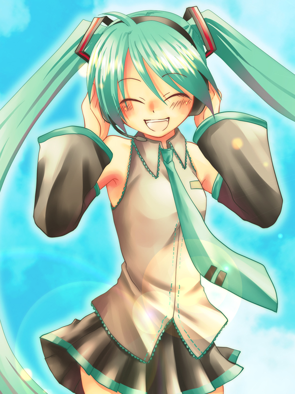 hashi moto, hatsune miku, vocaloid, bad id, bad pixiv id, aqua hair, closed eyes, detached sleeves, headset, long hair, necktie, skirt, smile, twintails