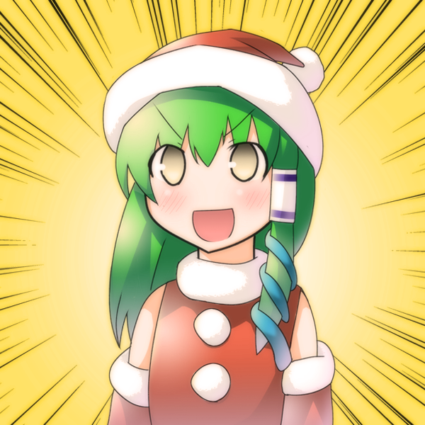 ren (733), kochiya sanae, touhou, 1girl, detached sleeves, female focus, green hair, hat, japanese clothes, long hair, miko, santa costume, solo