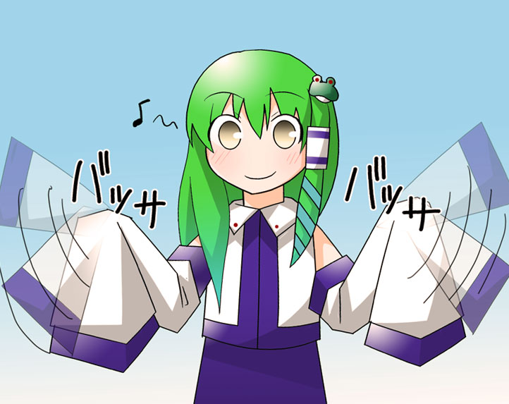 kochiya sanae, touhou, bad id, bad pixiv id, 1girl, detached sleeves, female focus, flapping, frog, gradient background, green hair, grey background, hair between eyes, japanese clothes, long hair, miko, sleeves past wrists, solo, standing, upper body