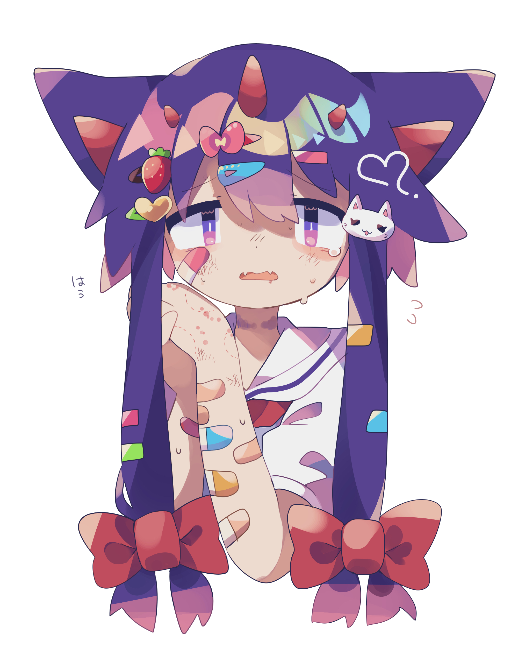 uenomigi, original, absurdres, commentary request, highres, 1girl, animal ears, bandaid, bandaid on arm, bandaid on cheek, bandaid on face, bow, cat hair ornament, cropped torso, fangs, food-themed hair ornament, hair between eyes, hair bow, hair ornament, hands up, heart, heart hair ornament, long hair, looking at viewer, open mouth, purple eyes, purple hair, red bow, school uniform, serafuku, shirt, short sleeves, simple background, skin fangs, solo, strawberry hair ornament, tears, white background, white shirt