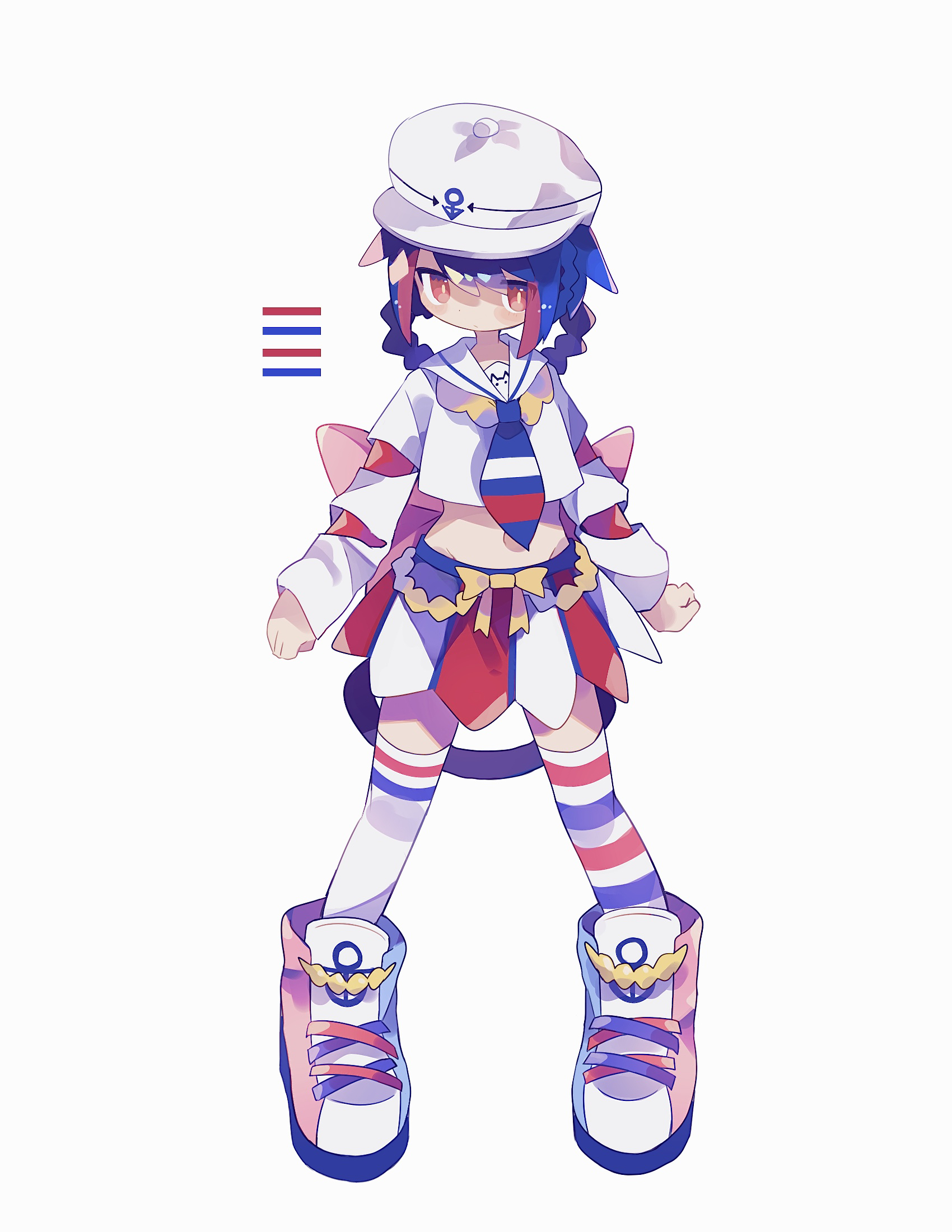 uenomigi, original, commentary request, highres, 1girl, asymmetrical legwear, blue hair, blue necktie, blue shoes, blush stickers, bright pupils, closed mouth, crop top, cropped shirt, full body, hat, long sleeves, midriff, mismatched legwear, multicolored hair, multicolored shoes, multicolored skirt, navel, necktie, pink shoes, red eyes, red hair, red skirt, sailor collar, shirt, shoes, short hair, simple background, skirt, solo, standing, striped clothes, striped thighhighs, thighhighs, two-tone hair, white background, white hat, white pupils, white sailor collar, white shirt, white shoes, white skirt, white thighhighs