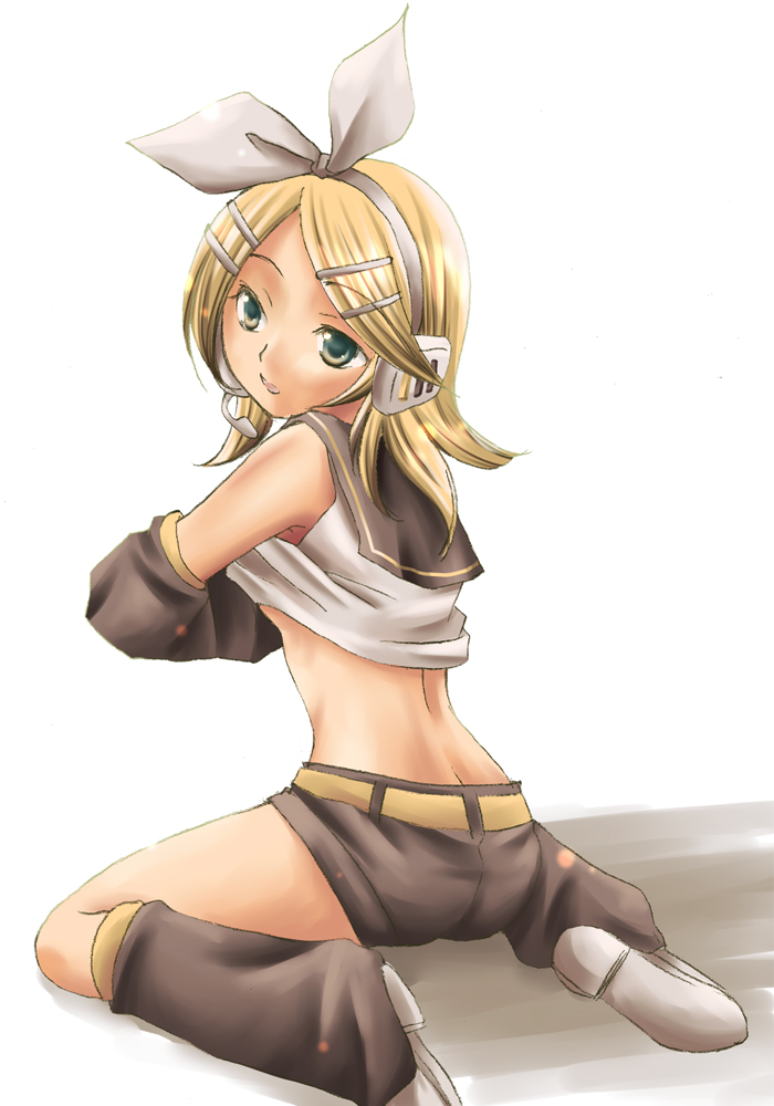 hashi moto, kagamine rin, vocaloid, bad id, bad pixiv id, blonde hair, bow, butt crack, clothes lift, detached sleeves, green eyes, hair ornament, hairclip, headset, shirt lift, shorts, solo