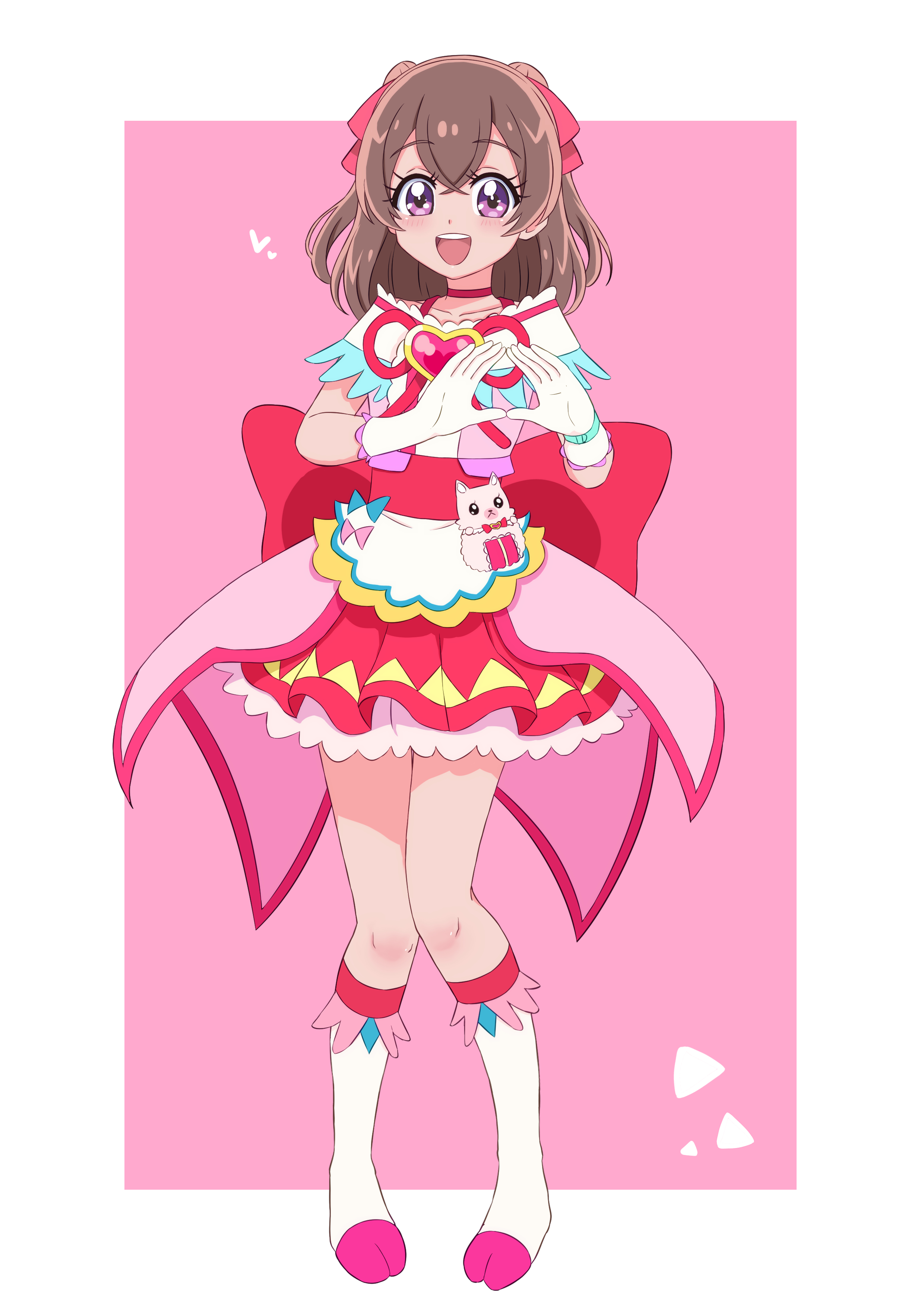 hakuino hakase, cure precious, kome-kome, nagomi yui, delicious party precure, precure, absurdres, commentary, highres, 1girl, :d, apron, back bow, bare shoulders, blush, boots, border, bow, brooch, brown hair, choker, collarbone, cosplay, creature, crossed bangs, cure precious (cosplay), dress, fairy, frilled dress, frilled sleeves, frills, full body, gloves, hair between eyes, hair ornament, hair ribbon, hands up, heart, heart brooch, jewelry, knee boots, knees together feet apart, looking at viewer, magical girl, medium hair, off-shoulder dress, off shoulder, open mouth, own hands together, pink background, pink dress, pink theme, purple eyes, red bow, red choker, red ribbon, ribbon, self cosplay, short dress, smile, solo, standing, teeth, two side up, upper teeth only, waist apron, watch, white apron, white boots, white border, white gloves, wristwatch