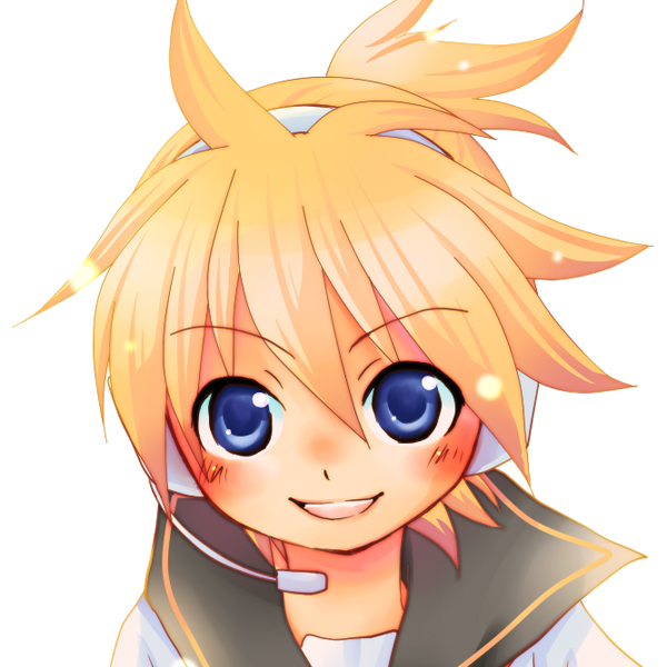 hashi moto, kagamine len, vocaloid, bad id, bad pixiv id, 1boy, blonde hair, blue eyes, headset, male focus, simple background, solo