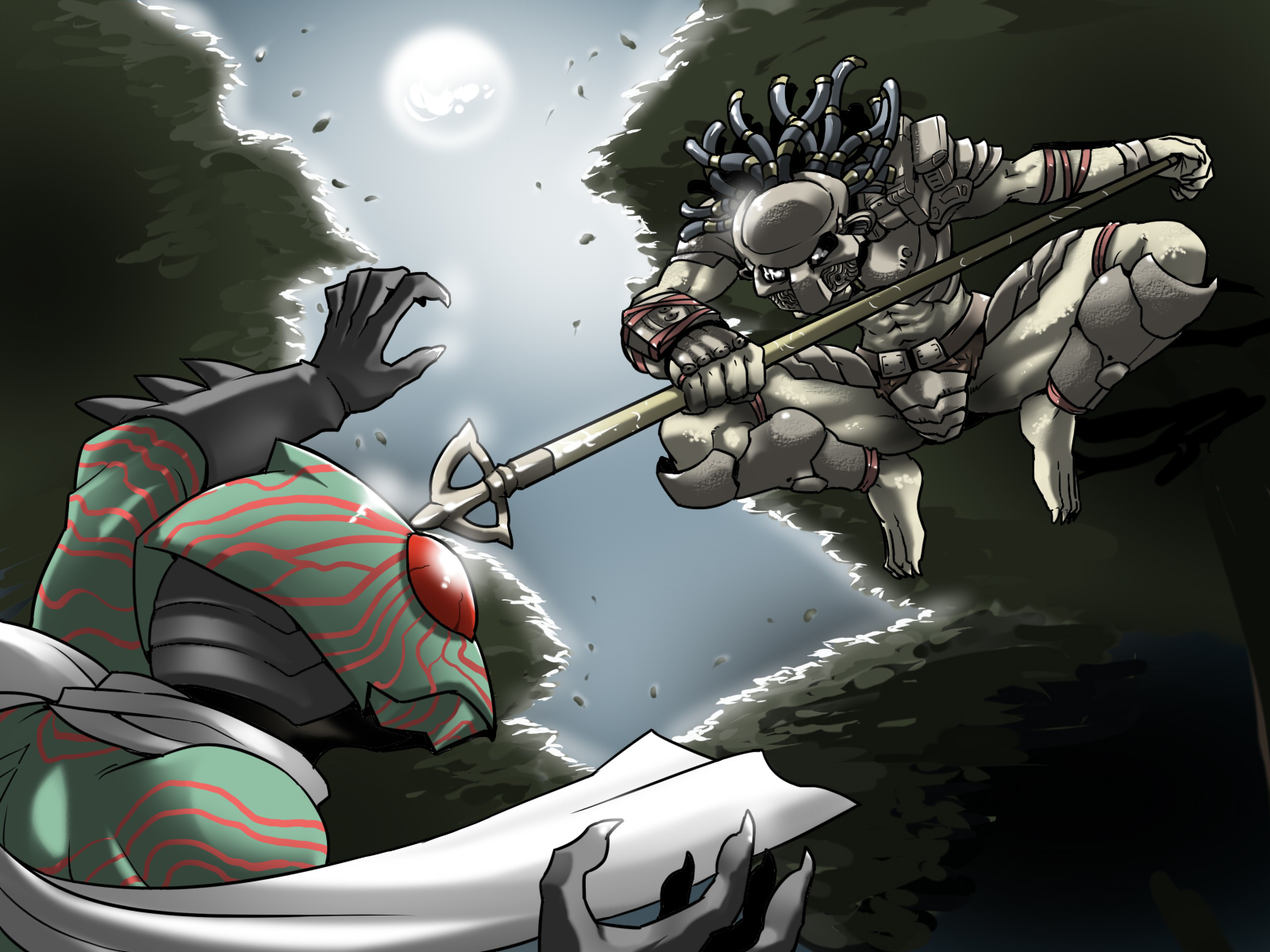 tukiwani, kamen rider amazon, predator (character), kamen rider, kamen rider amazon (series), predator (1987), predator (series), highres, 1boy, battle, combistaff, crossover, polearm, weapon