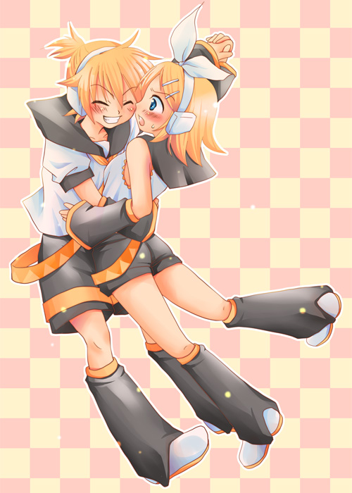 hashi moto, kagamine len, kagamine rin, vocaloid, bad id, bad pixiv id, 1boy, 1girl, blonde hair, blue eyes, blush, bow, brother and sister, closed eyes, detached sleeves, hair ornament, hairclip, headset, hetero, hug, school uniform, serafuku, short hair, shorts, siblings, smile, twins