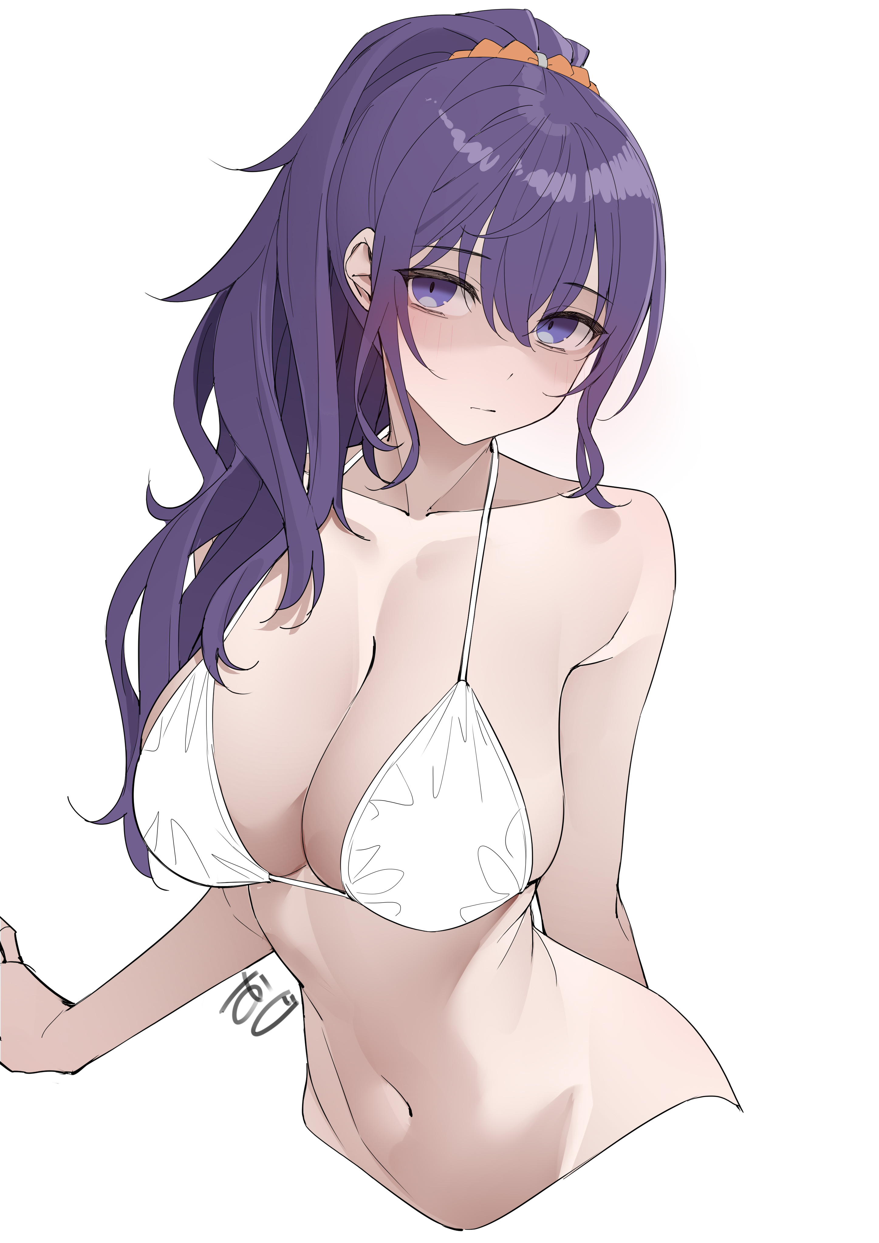 kawai ritsu (rits meg), asahina mafuyu, project sekai, absurdres, highres, 1girl, bikini, breasts, cleavage, closed mouth, collarbone, expressionless, hair between eyes, large breasts, long hair, looking at viewer, navel, partially shaded face, ponytail, purple eyes, purple hair, simple background, solo, stomach, swimsuit, white background, white bikini