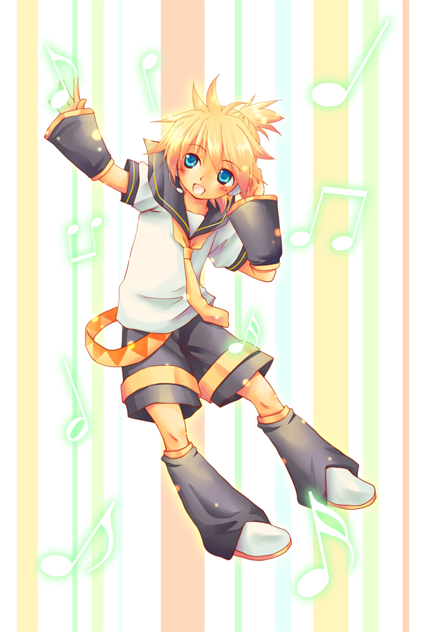 hashi moto, kagamine len, vocaloid, bad id, bad pixiv id, 1boy, blonde hair, blue eyes, detached sleeves, headset, male focus, musical note, school uniform, serafuku, short hair, shorts, solo