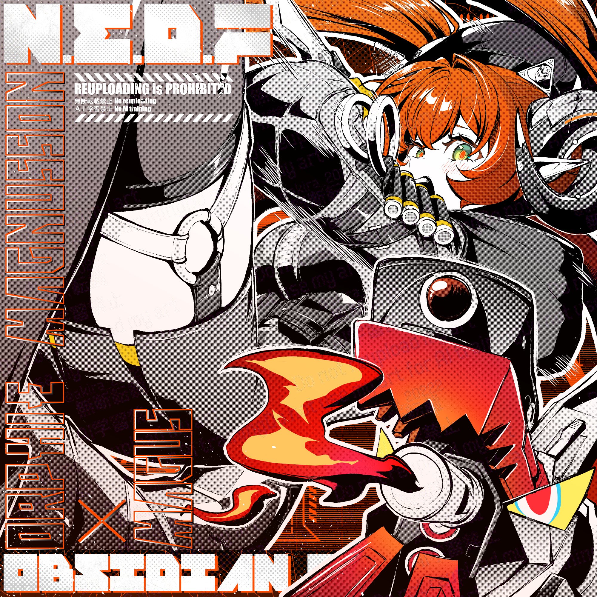 kiguchi hikaru, magus (zenless zone zero), orphie magnusson, zenless zone zero, commentary request, highres, 1girl, 1other, ammunition, ammunition pouch, black hat, black horns, character name, dragon girl, dragon horns, dress, english text, fire, from side, gloves, green eyes, gun, hat, holding, holding knife, holding weapon, horns, knife, long hair, looking at viewer, mechanical horns, mechanical tail, open mouth, orange hair, orange pupils, panties, pointy ears, pouch, sentient tail, tail, thighhighs, twintails, underwear, weapon, yellow gloves, yellow panties, zipper dress, zipping