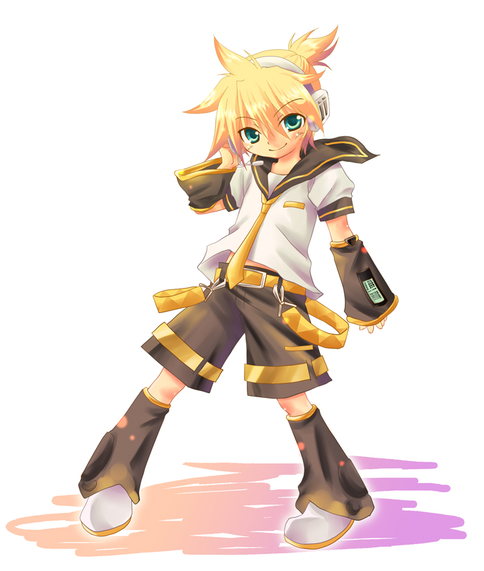 hashi moto, kagamine len, vocaloid, bad id, bad pixiv id, 1boy, blonde hair, detached sleeves, green eyes, headset, male focus, school uniform, serafuku, short hair, shorts, solo