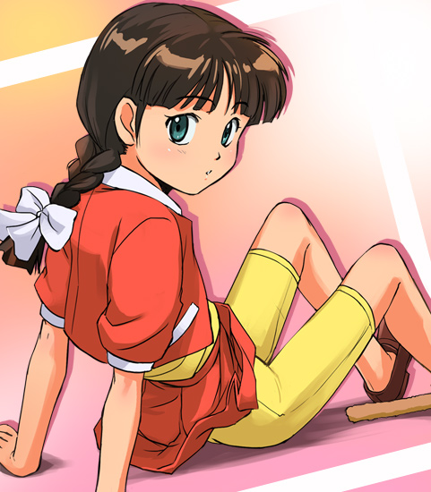 haruyama kazunori, amano haruka, taiyou no yuusha fighbird, taiyou no yuusha fyvard, yuusha series, 1990s (style), 1girl, blue eyes, braid, female focus, no socks, retro artstyle, ribbon, solo