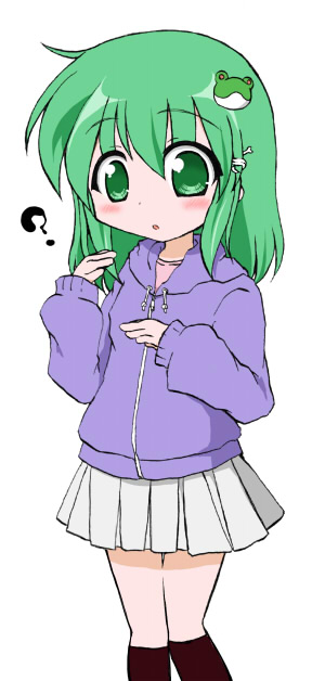 harunatsu akito, kochiya sanae, touhou, 1girl, ?, female focus, frog, green hair, simple background, skirt, solo