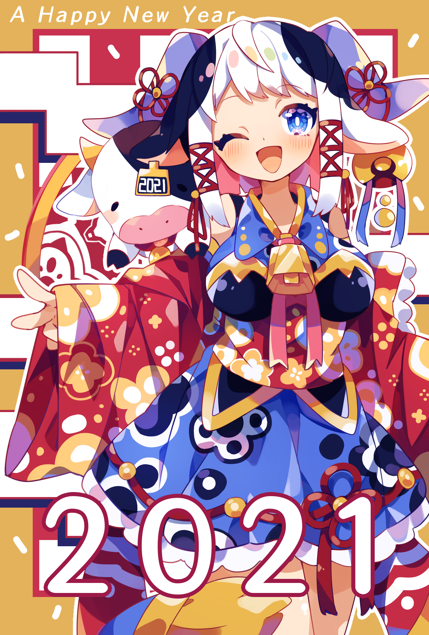uenomigi, original, commentary request, highres, 1girl, 2021, ;d, animal ears, bare shoulders, bell, blue eyes, blue skirt, blush, bright pupils, chinese zodiac, cow, cow ears, cow girl, cow horns, cowbell, cowboy shot, frilled skirt, frills, hair ribbon, happy new year, horns, japanese clothes, kimono, long sleeves, looking at viewer, neck bell, new year, one eye closed, open mouth, red kimono, red ribbon, ribbon, short hair, sidelocks, skirt, smile, solo, white hair, white pupils, wide sleeves, year of the ox, yellow background
